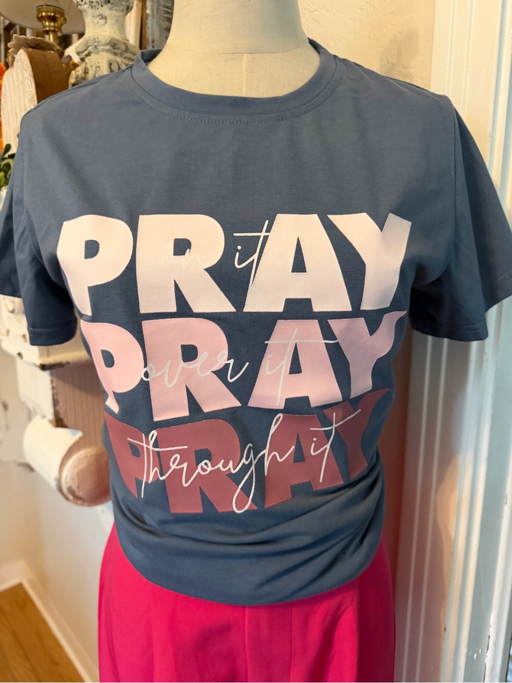 Women’s Blue Graphic 'Pray' Tee with Pink Accents